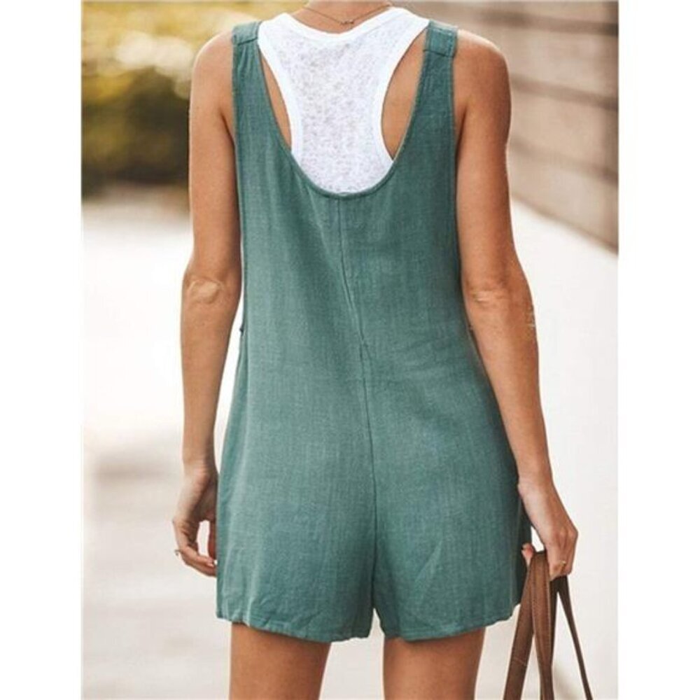 Women's Casual Summer Cotton Linen Rompers Overalls Jumpsuit Shorts - Picture 2 of 7